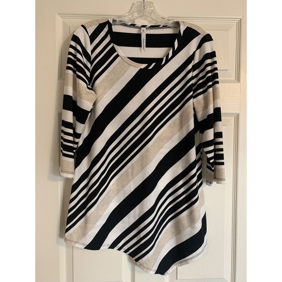 NY COLLECTION Sz L Black/White/Taupe Asymmetrical Front Striped Blouse - Picture 2 of 9